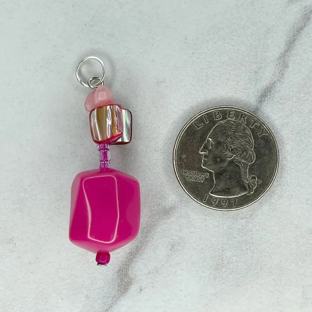 Pink Shell Beaded Upcycled Pendant Silver Tone Repurposed ✨